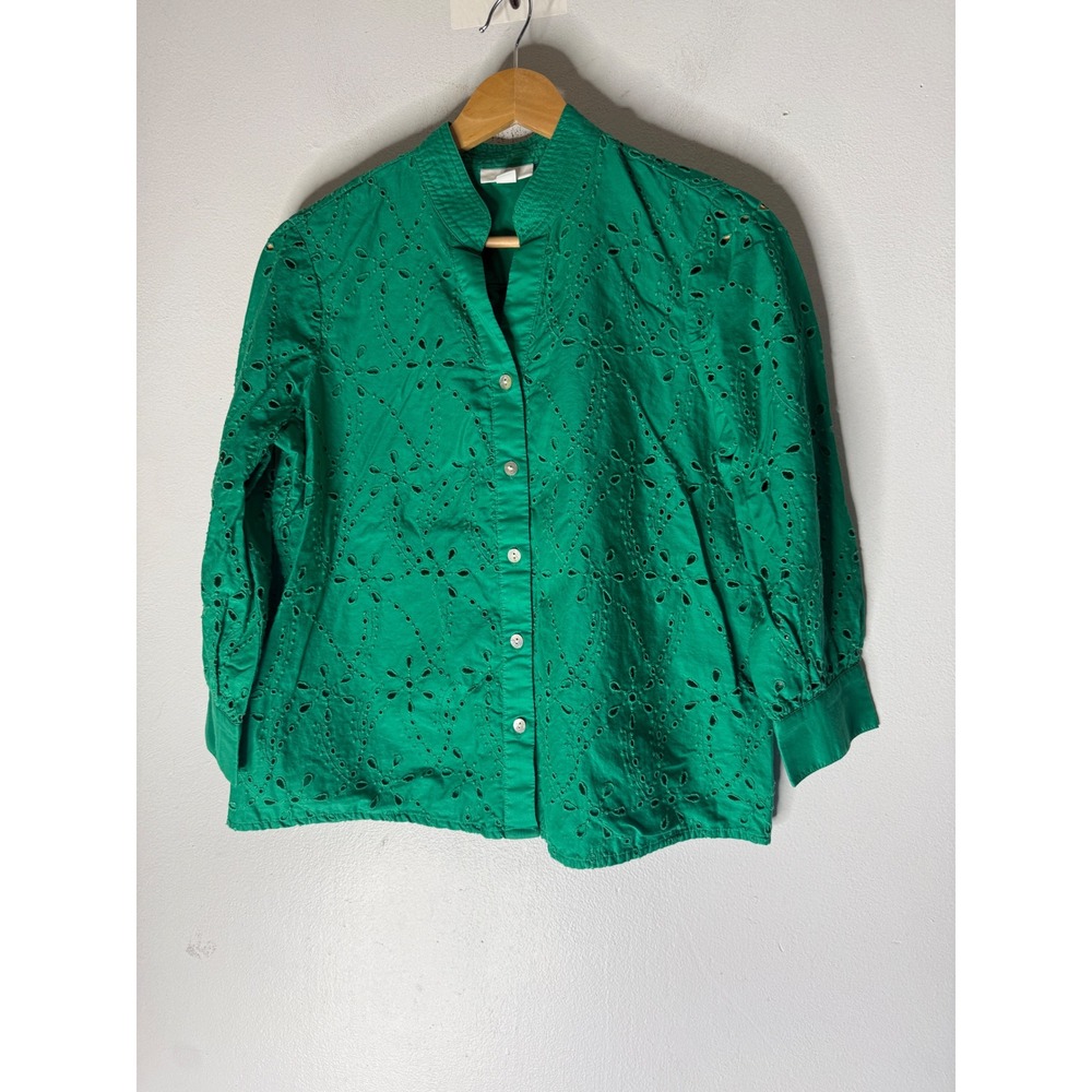 J. Jill Green Eyelet Cotton Button Down Shirt Mandarin Collar Petite XS